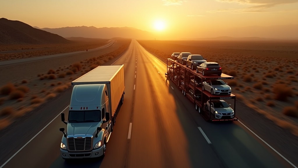 Dry van and car hauler fleet on open highway at golden hour